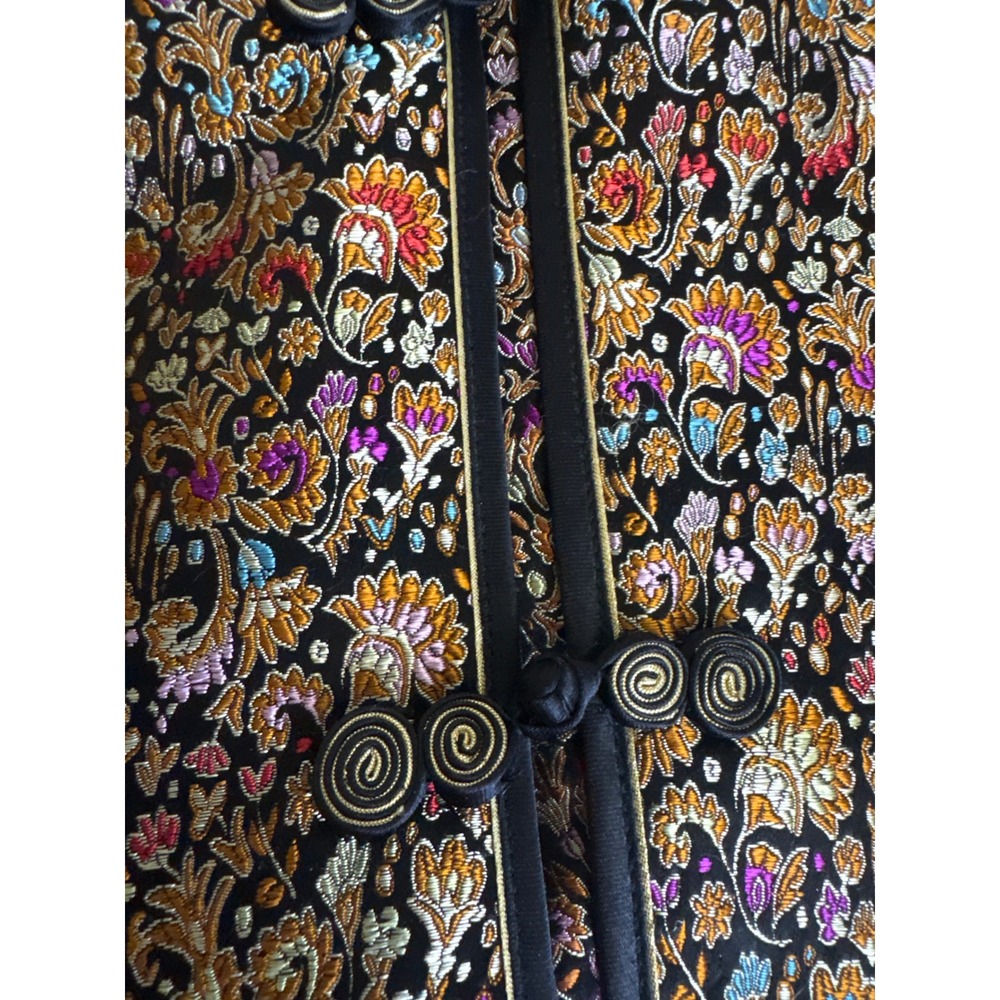 Vintage Floral Brocade Mandarin Collar Jacket Frog Closure Black Gold XL